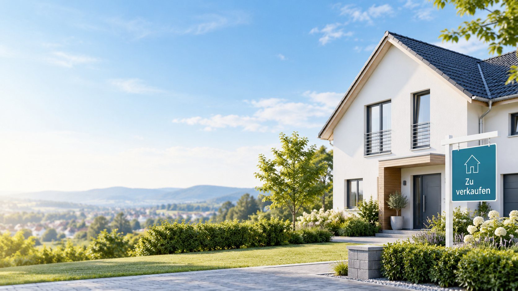 Weißes Einfamilienhaus mit Garten und Schild „Zu verkaufen“